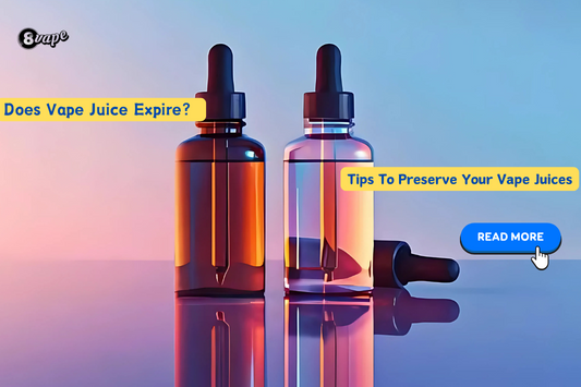 Two vape juice bottles with droppers in a colorful gradient background, highlighting tips to preserve vape juices and addressing expiration concerns