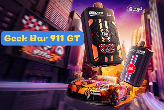 Vibrant cityscape showcasing the Geek Bar 911GT with a racing car design, highlighting its dynamic, high-performance aesthetic