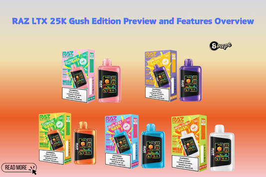 RAZ LTX 25K Gush Edition in various flavors with packaging.