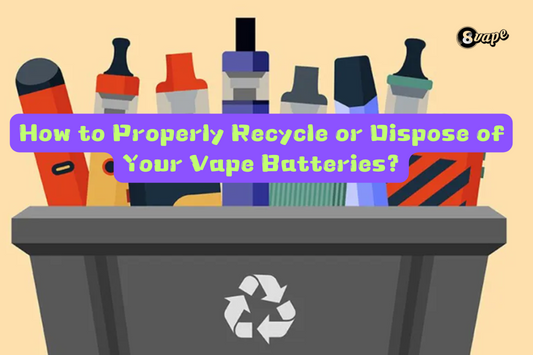 Illustration of various vape devices in a recycling bin, emphasizing proper recycling and disposal of vape batteries.