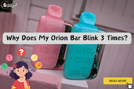 Two colorful Orion Bar disposable vapes in pink and blue, with a question about why it blinks three times.